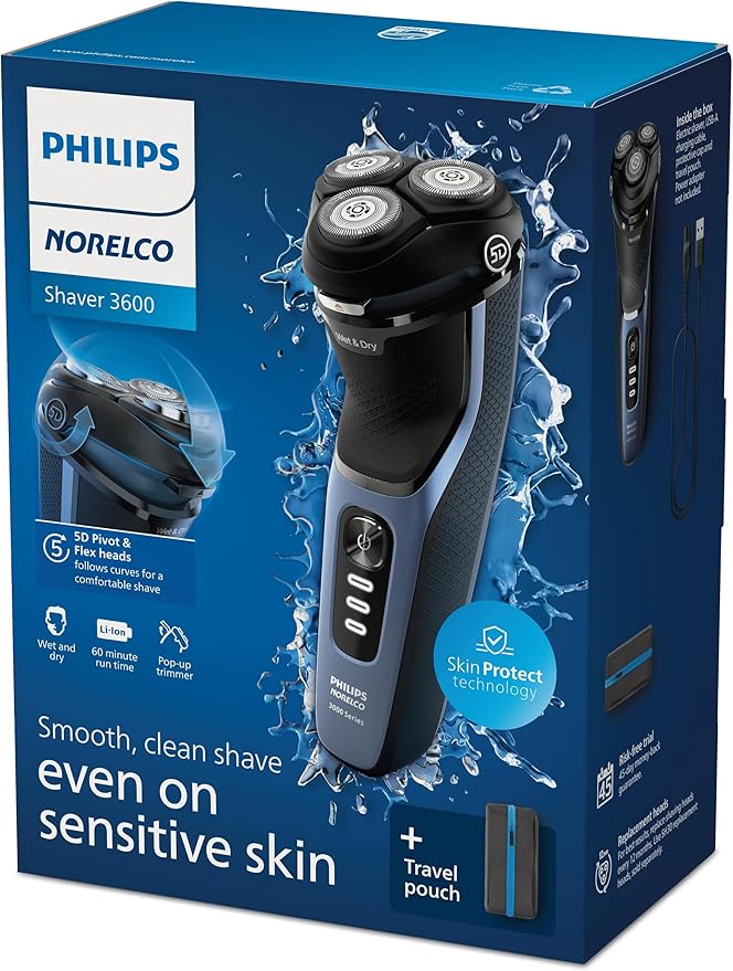 Philips Norelco Shaver 3600 Series Wet and Dry Electric Shaver P-Cap Travel Pouch Storm Blue Model S3243/91