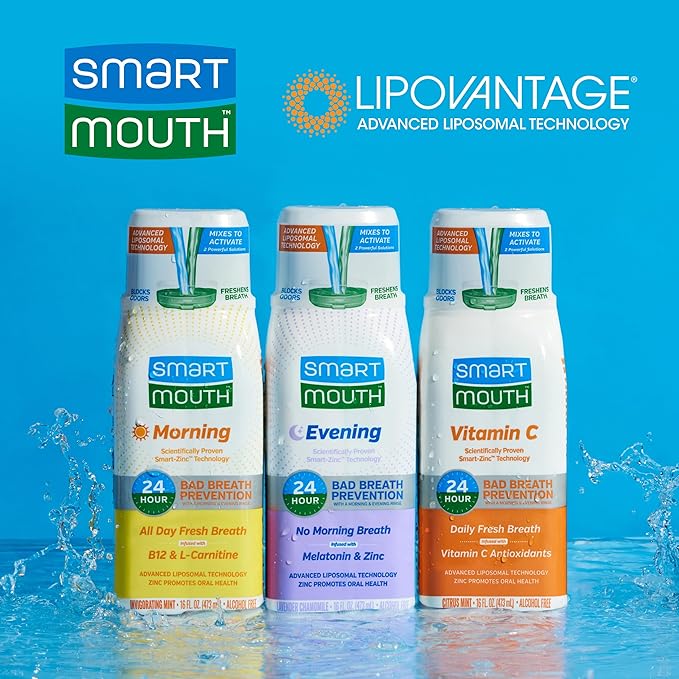 SmartMouth Advanced Liposomal Morning Mouthwash - All-Day Fresh Breath - Vitamin B12 &amp L-Carnitine - Dual-Solution Zinc-Activated Morning Mouthwash - Invigorating Mint Flavor - 16 fl oz Each 2-Pa