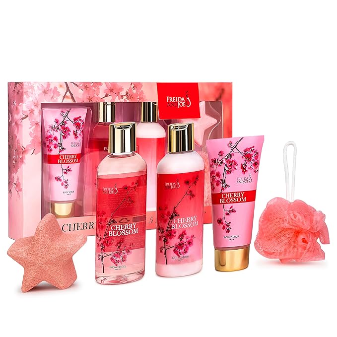 Bath and Body Gift Basket For Women Cherry Blossom Bath &amp Body Collection Includes Shower Gel Body Lotion Body Scrub Bath Bomb &amp Sponge – Mother's Day Gift for Mom