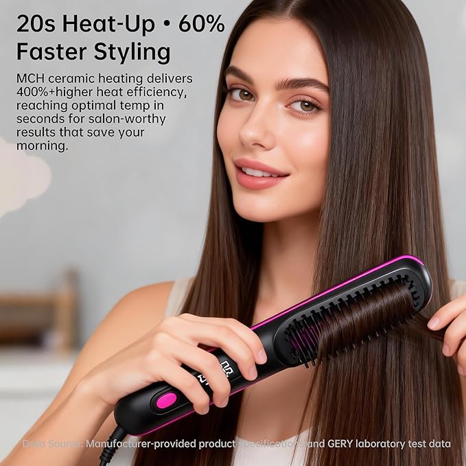 GERY Wireless Hair Straightener Brush Cordless Negative Ion 3 Temp Settings (160℃/180℃/200℃) MCH Fast Heating 4X Longer Battery LED Display Portable for Travel &amp Home (Black)