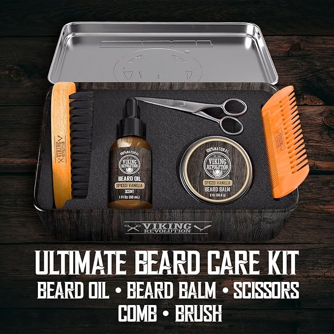 Viking Revolution - Ultimate Beard Kit Spiced Vanilla - Beard Grooming Kit for Men with Beard Brush Beard Comb Beard Balm Beard Oil Beard and Moustache Scissors - Husband Gifts for Men