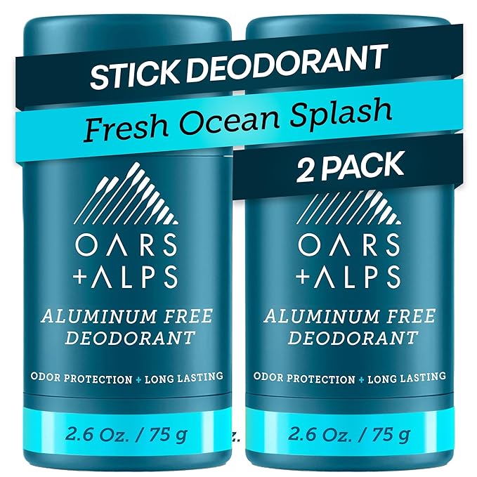 Oars + Alps Aluminum Free Deodorant for Men | Long Lasting Odor Protection Clear &amp Free of White Residue Anti-Chafing Smooth Glide Dermatologist Tested Fresh Ocean Splash 2pk 2.6oz