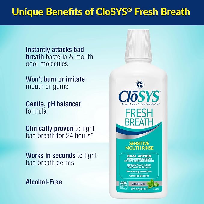 CloSYS Mouthwash 32 Ounce 2 Count Fresh Breath Mouthwash Gentle Mint Alcohol Free Dye Free pH Balanced Mouth Wash Helps Soothe Entire Mouth Fights Bad Breath