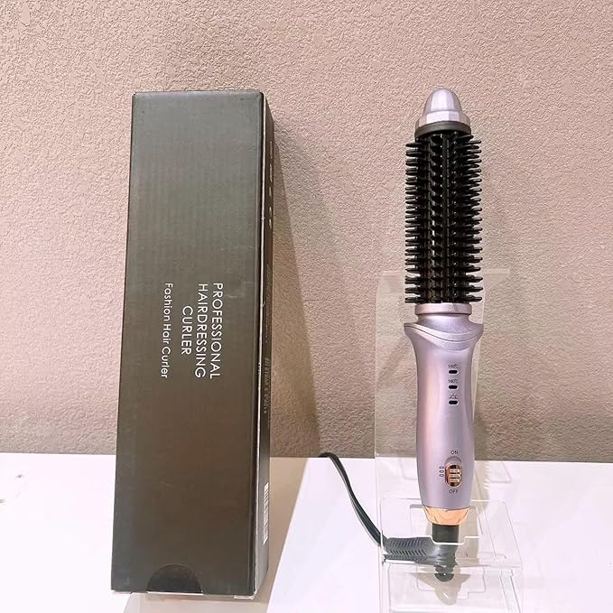 Curling Iron Brush for Short Long Hair Hair Curling Brush Long Barrel Tourmaline Ceramic Dual Voltage Curling Brush Iron with Anti-Scald Bristles (Purple)