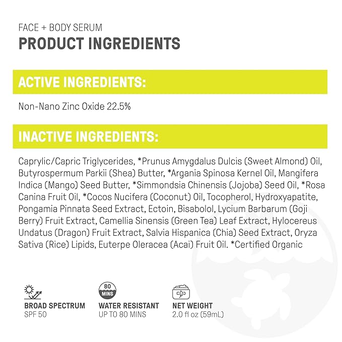 Raw Elements Face + Body Serum SPF 50 All-Natural Mineral Sunscreen - Reef Safe Water Resistant Broad Spectrum UVA/UVB Protection Safe For All Ages Travel Size 2oz (Pack of 2)