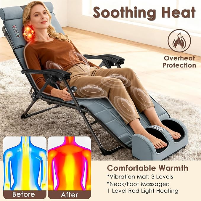 Full Body Massage Mat with Heat&ampVibration -Flannel Shiatsu Back Massager Heat Timer Neck&amp Foot Massager Lumbar Pillow&ampHead Pillow - Massage Chair Pad w Anti-Slip Bottom for Stress Relief/G