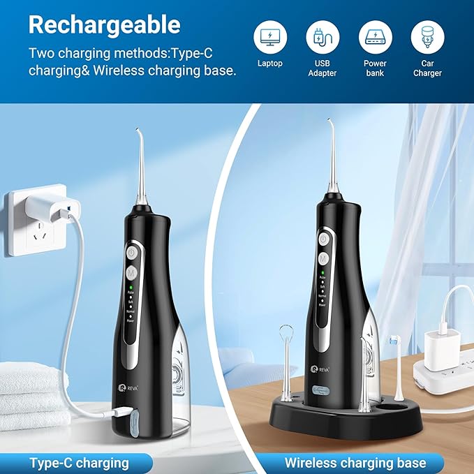 Cordless Oral Irrigator Water Flosser for Teeth Gums &amp Braces - 4 Modes 300ML Tank 360° Rotatable Nozzle IPX7 Waterproof USB Rechargeable 2000mAh Battery for Home &amp Travel (M149 Pro - Bla