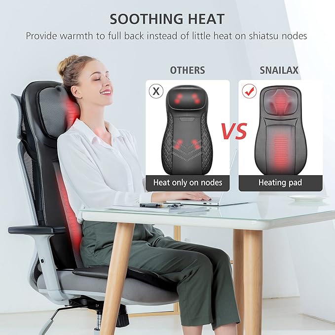 Snailax shiatsu Neck &amp Back Massager with Heat Full Back Kneading Shiatsu or Rolling Massage Massage Chair pad with Height Adjustment Back Massager for Neck and Shoulder