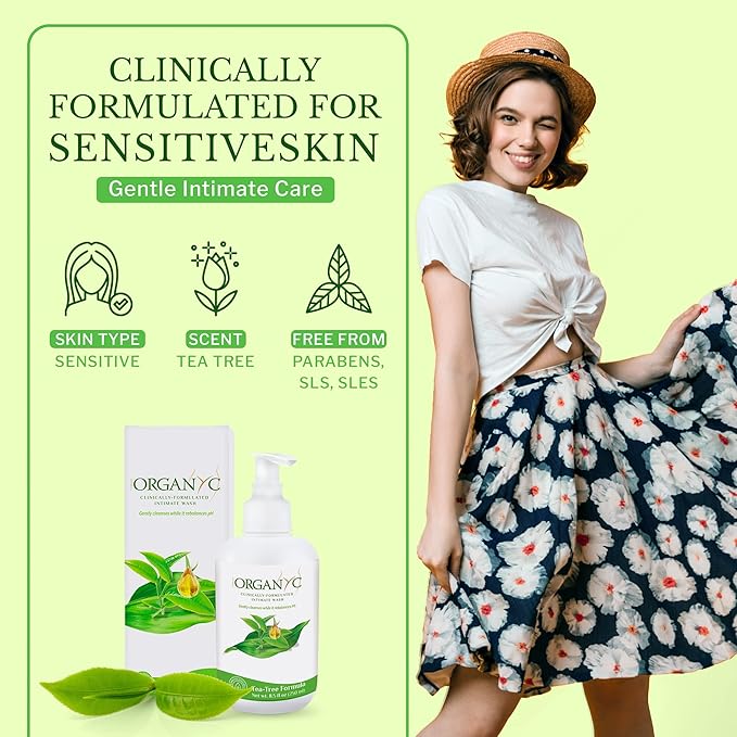 Organyc - Feminine Intimate Wash for Sensitive Skin - Free from Chlorine Parabens SLSSLES and Synthetic Perfumes - 8.5 Fl Oz with Chamomile +Tea-Tree + Lavender