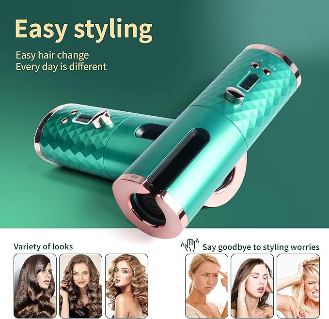 Automatic Curling Iron Hair Curling Iron for Hair Styling Cordless Auto Hair Curler with 6 Temps and Timers Auto Shut-Off Fast Heating Rechargeable Cordless Hair Curler 1 (Green) (Green)