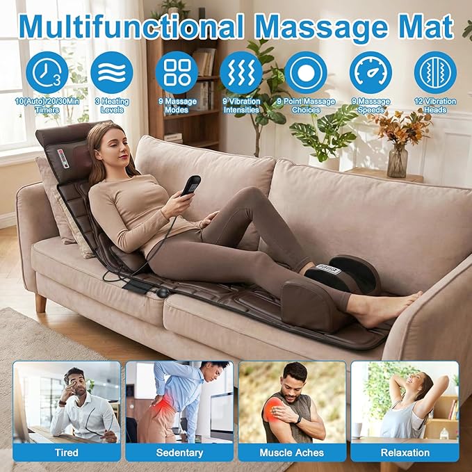 Moclever Full Body Massage Mat with HeatElectric Massage Pad for NeckBack Pain ReliefFoldable Cushion Mattress W/Timer &amp Adjustable Intensity Massager for Home or Office Use (PU Leather)
