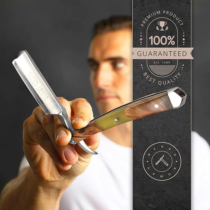 Naked Armor Professional Straight Razor for Men - Shave Ready 7/8 Japanese Stainless Steel Barber Razor - Griflet Straight Edge Razor with Sandalwood Handle Leather Travel Case &amp Gift Box