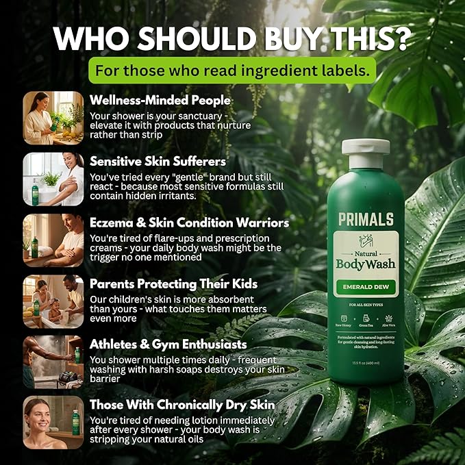 PRIMALS Natural Body Wash - Aloe Vera Raw Honey Green Tea - Natural Ingredients - Zero Artificial Fragrances Sulfates Parabens or Dyes - 13.5 Fl Oz