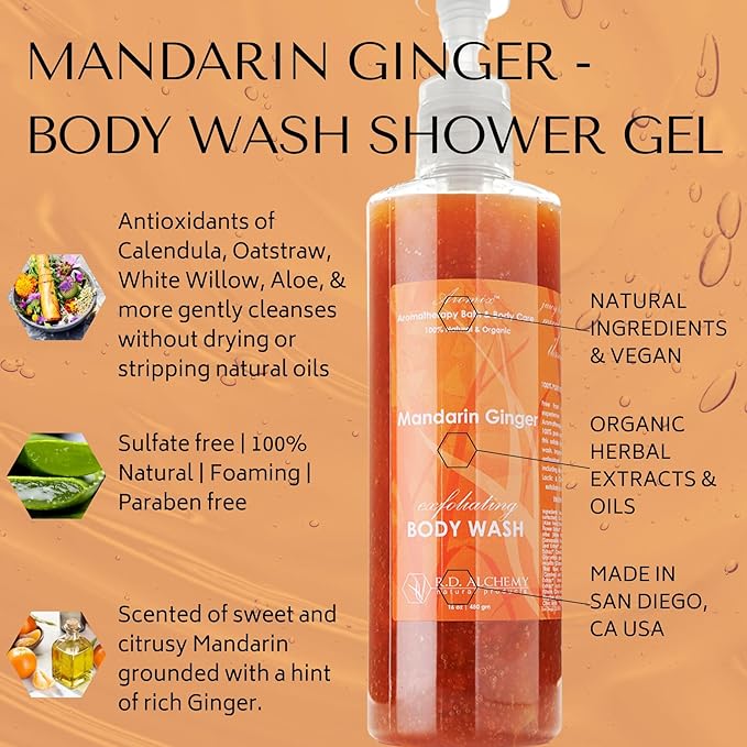 RD Alchemy - 98% Natural &amp Organic Mandarin Ginger Body Wash Shower Gel - Sweet and Warm Scent to Relax and Ground while Cleansing Exfoliating and Renewing
