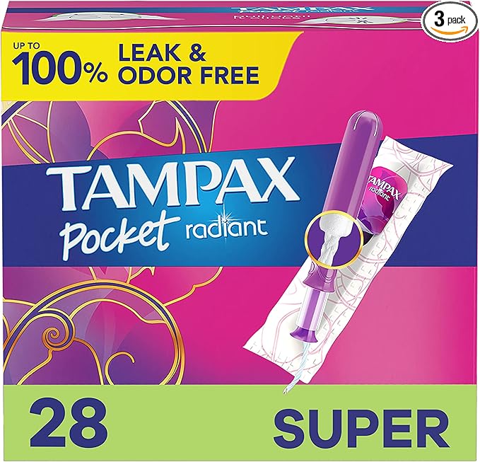 Tampax Compact Radiant Tampons for Women with LeakGuard Braid &amp Extendable Applicator Super Absorbency Unscented 84 Count (3 Packs of 28)