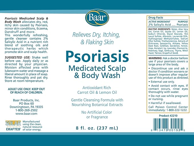 BAAR Psoriasis Therapeutic Scalp &amp Body Wash Soothing Healing Formula with 2% Salicylic Acid and Antioxidant-Packed Botanicals like Carrot and Lemon Oil to Relieve Itchy Dry Skin 8 fl oz