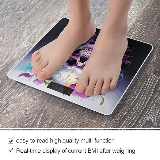 Flowers and Skulls Scale for Body Weight Precision Bathroom Weighing Scales with Back Lit LCD Display Sturdy Tempered Glass Body Weight Scales Digital Bathroom Scale 400lb
