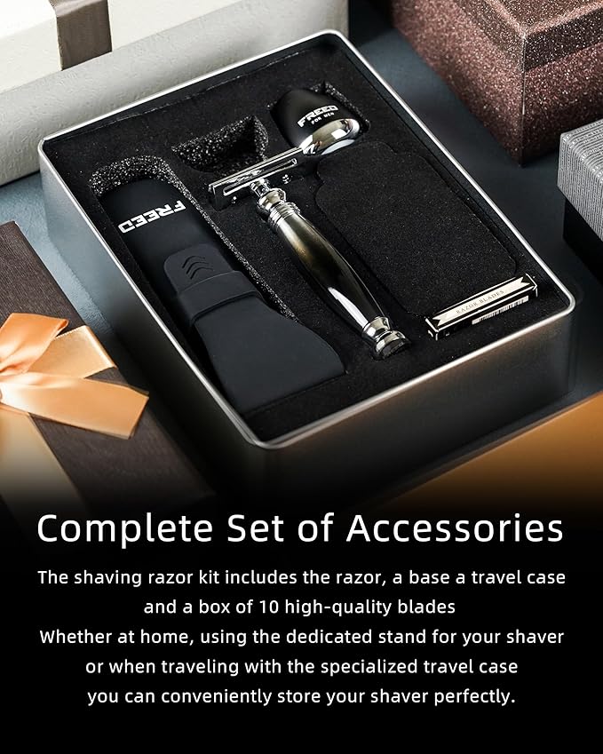 FREED Customized gifts Engraving Shaving Kit - Safety Razor with metal handle include razor base razor travel case and 10 bladesit's the best gift for men (Hades)