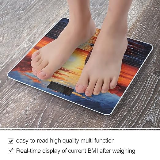 Sunset Sailboat Scale for Body Weight Anti-Slip Tempered Glass Digital Bathroom Scales Clear LCD Display Weighing Scale Safe Rounded Corners Smart Scales