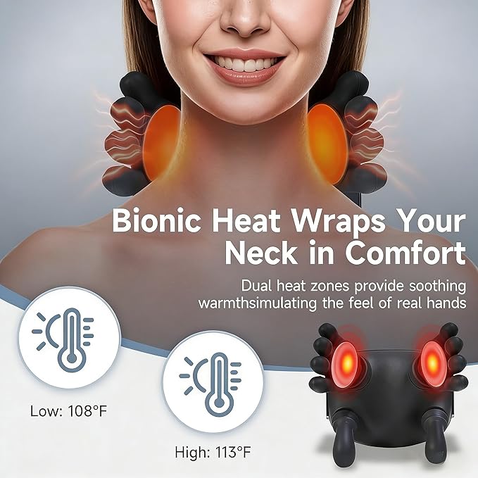 Neck Massager with Heat 4D Shiatsu Neck and Shoulder Massager with Hands &amp Fingers Bionic Hand-Like Kneading Deep Tissue Relief Wireless Portable for Home Office Travel Gift for Men Women (Bl