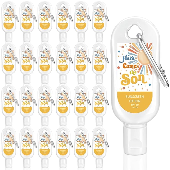 Leelosp 30 Pcs Here Comes The Son Baby Shower Mini Sunscreen with Carabiner Bulk Travel Size 1 Fl. Oz. SPF 30 Water Resistant Mini Lotion Boho Retro Baby Boy Shower Favors Birthday Party Supplies