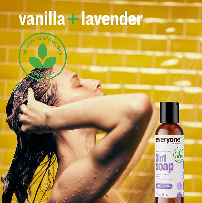 Everyone 3-in-1 Soap Body Wash Bubble Bath Shampoo Travel Size 2 Ounce (Pack of 12) Vanilla and Lavender made with Essential Oils for Men and Women