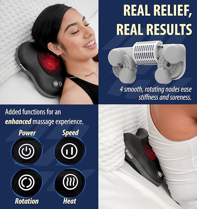 Zyllion Shiatsu Back and Neck Massager with Heat - Cordless Rechargeable 3D Electric Kneading Deep Tissue Massage Pillow with 2 Speeds for Muscle Pain Relief Black ZMA-34RB
