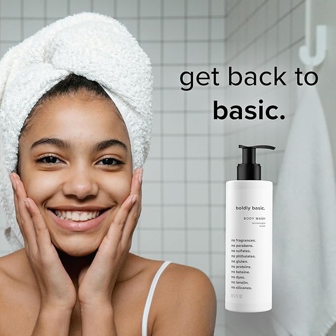 Boldly Basic Fragrance Free Body Wash Lotion and Shampoo - Gentle on Sensitive Skin and Hair - Unscented - Dermatologist Tested - No Sulfates Parabens or Gluten - Hypoallergenic
