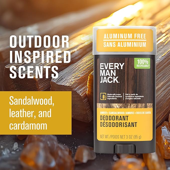 Every Man Jack Amber + Sandalwood Men’s Deodorant - Stay Fresh with Aluminum Free Deodorant For all Skin Types - Odor Crushing Long Lasting with Naturally Derived Ingredients - 3oz (3-Pack)
