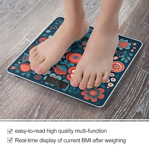 Blue Flower Pattern Scale for Body Weight Anti-Slip Tempered Glass Digital Bathroom Scales Clear LCD Display Weighing Scale Safe Rounded Corners Smart Scales