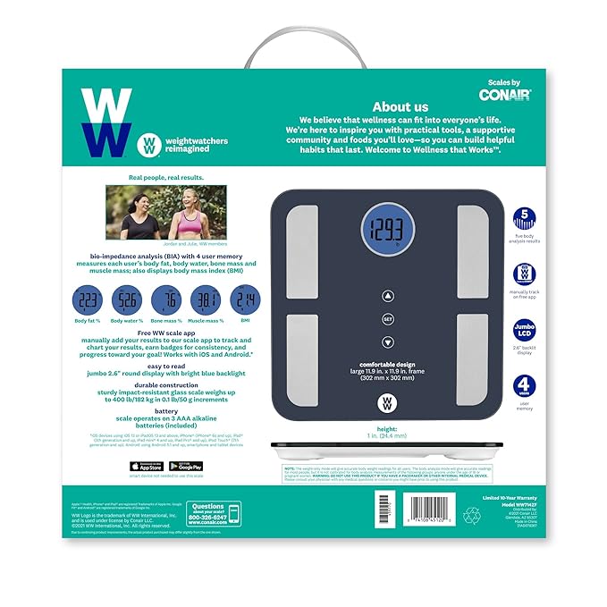 Weight Watchers Scales by Conair BathroomScale for BodyWeightGlass Digital ScaleBody Analysis Measures Body FatBody WaterBMIBone Mass&ampMuscle for 4UsersMeasures Weight up to 400Lbs in Black&a