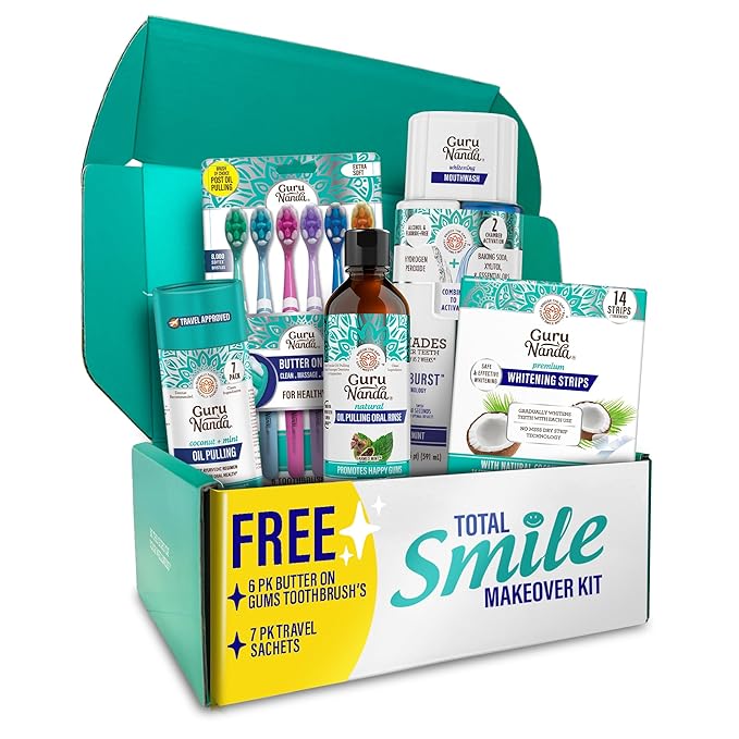 GuruNanda Total Smile Makeover Kit Regular with Cocomint Oil Pulling Dual Barrel Whitening Mouthwash Whitening Strips &amp Butter on Gums Toothbrushes