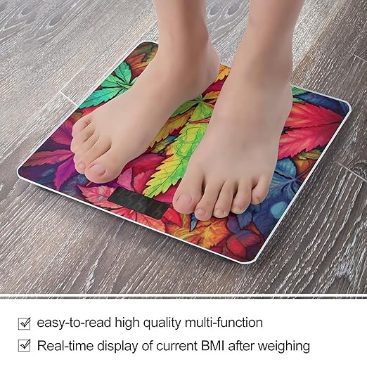 Multicolor Leaf Weed Art Weight ScaleClear LED Display Bathroom Digital Weighing ScaleTempered Glass Digital Bathroom Scale for Body Weight Capacity Up to 400 Lbs