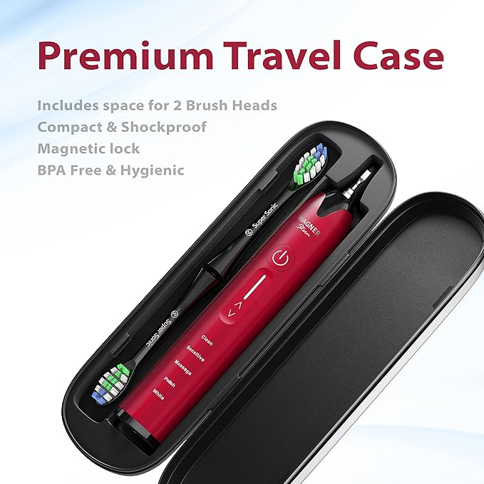 Wagner Stern Ultrasonic whitening Toothbrush with Pressure Sensor. 5 Brushing Modes and 4 Levels of Intensity 8 Soft bristles Travel case.