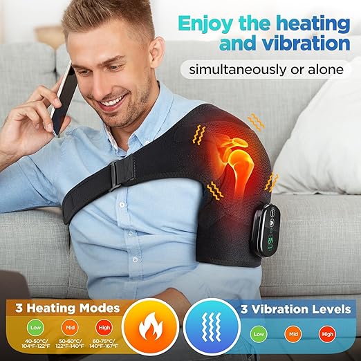 Cordless Portable Shoulder Heating Pad &amp Massager Heating Vibration Shoulder Wrap Shoulder Brace for Pain Relief Rotator Cuff Support for Men &amp Women Black