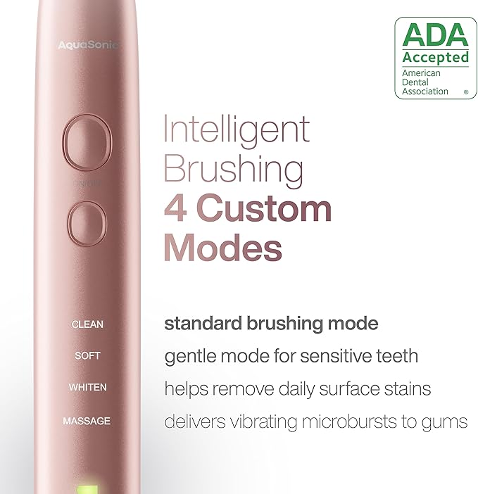 Aquasonic Vibe Series Ultra-Whitening Toothbrush – ADA Accepted Electric Toothbrush - 8 Brush Heads &amp Travel Case – 40000 VPM Motor &amp Wireless Charging - 4 Modes w Smart Timer – Satin Rose Go