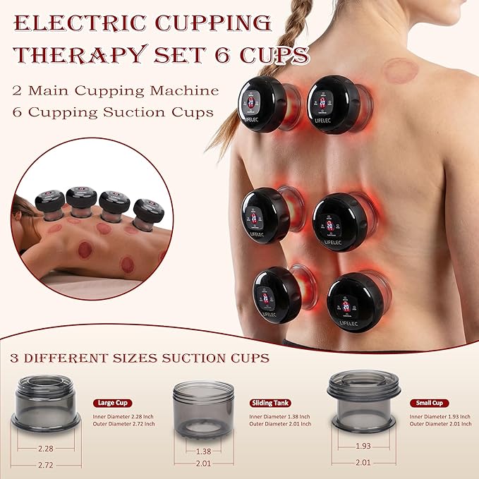 LIFELEC Smart Cupping Therapy Set - 6 Cups (Large/Press/Move) 12-Level Heat &amp Suction Smart Red Light Therapy - Dual Massagers for Simultaneous Use - 2 Pack Set for Athletes Fitness Pain Relie