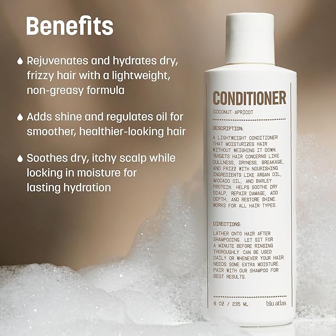 Blu Atlas Men's Body Wash Shampoo and Conditioner Bundle - Coconut Apricot - Gentle Cleansing Hydrating Shampoo for Volume All Hair Types - 8 oz Bottle