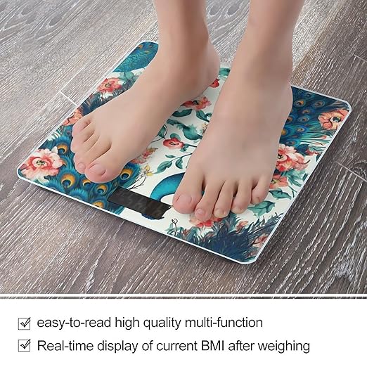 Beautiful Peacock Flowers Scale for Body Weight Safe Rounded Corners Tempered Glass Digital Bathroom Scale LED Display 400lb Capacity Weight Scales with High Precision Sensors