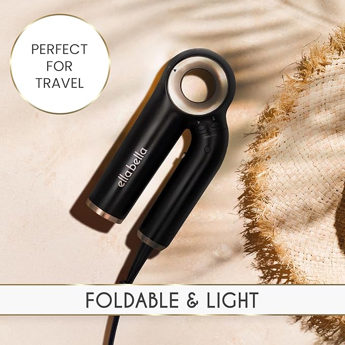 ELLA BELLA® Professional Ionic Hair Dryer (Foldable) • Negative Ion Blow Dryer • Perfect for Travel • Intelligent Heat Control &amp Rapid Drying Speeds • Lightweight Design • Low Noise Technology