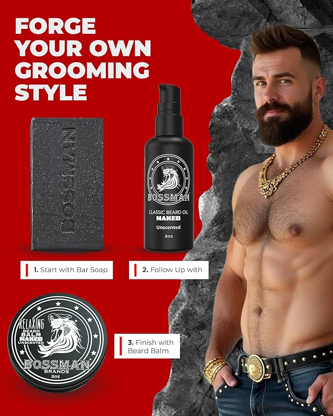 Bossman Starter Beard Kit for Men – Beard Oil (2 oz) Beard Balm &amp Bar Soap – Natural &amp Organic Grooming Kit – Made in the USA Men Gift Set (Naked – Unscented)