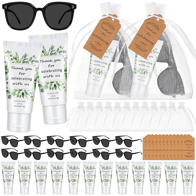 12 Sets Mini Sunscreen and Sunglasses Bulk for Wedding Party Spf30 Water Resistant Sunscreen Lotion Bulk 1oz Travel Size for Thank You Gifts Wedding Party Supplies (Eucalyptus)