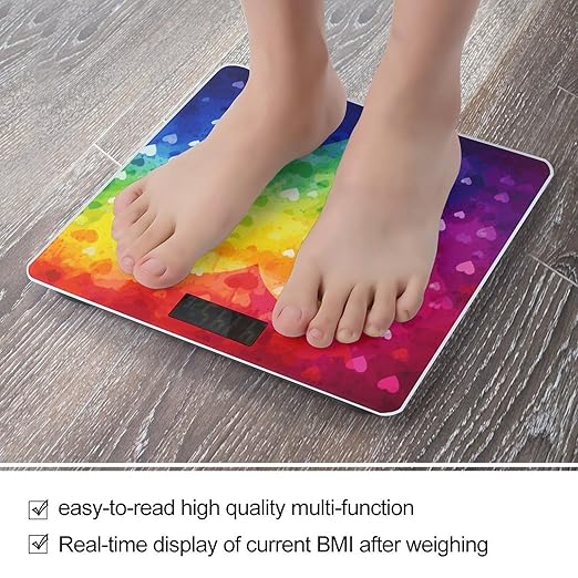 Colorful Rainbow Love Heart Scale for Body Weight Safe Rounded Corners Tempered Glass Digital Bathroom Scale LED Display 400lb Capacity Weight Scales with High Precision Sensors