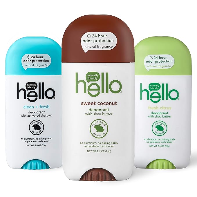 hello Deodorant With Shea Butter for Women + Men 24 Hour Odor Protection - Sweet Coconut Fresh Citrus and Clean + Fresh No Aluminum + No Baking Soda Vegan &amp Parabens Free 2.6oz 3 count