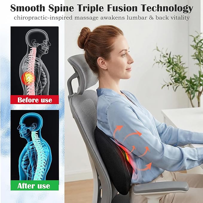 3 in 1 Lumbar Massage Pillow with Heat Deep Kneading Back Massager for Pain Relief Ergonomic Lumbar Support Cushion