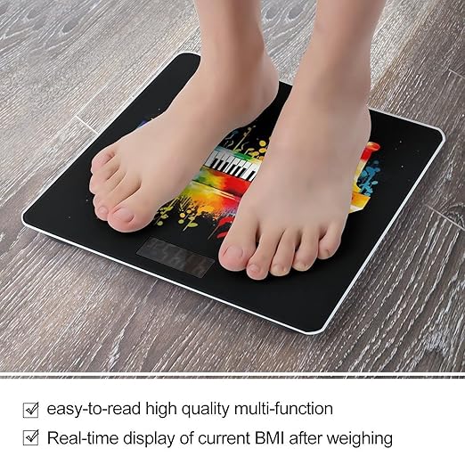 Colorful Piano Keyboard Music Note Scale for Body Weight Safe Rounded Corners Tempered Glass Digital Bathroom Scale LED Display 400lb Capacity Weight Scales with High Precision Sensors
