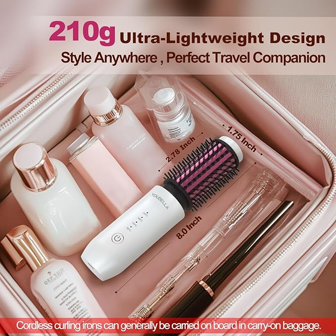 Youbella Cordless Hair Curling Iron Brush Mini Travel Hot Straightener Comb 3-in-1 Portable Wave Curling Wand 1.5″ Ionic Heated Brush USB Rechargeable Hair Curler White – No Automatic Rotation