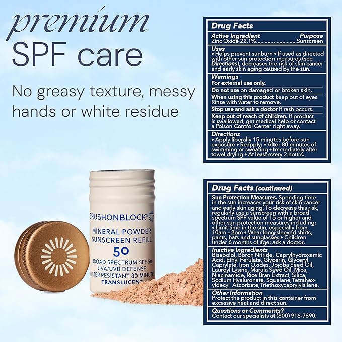 Brush On Block Mineral Sunscreen Powder Refill Natural Broad-Spectrum SPF 50 Safe for Sensitive Skin UVA UVB Face Protection Reef Friendly (Translucent - Refill)