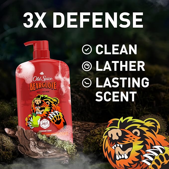 Old Spice Cleansing Body Wash for Men 3X Defense 24/7 Shower Fresh with Lasting Scent 2-in-1 Body &amp Face Wash Bearglove with Crisp Orchard Scent 33.4 (Pack of 4)