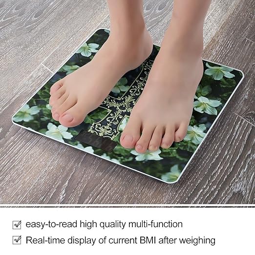 Black Cross Among Green Flowers Scale for Body Weight Anti-Slip Sturdy Tempered Glass Weighing Machine Highly Digital Accurate Bright LCD Bathroom Scale for Household Gift